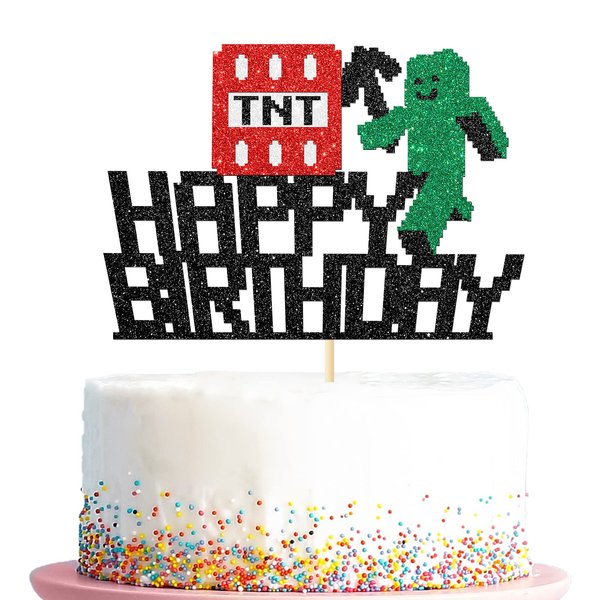 Happy Birthday Cake Topper, Pixel Style Cake Picks Decorations, Block Video Game Themed Cake Topper for Kids Boy and Girl, Black