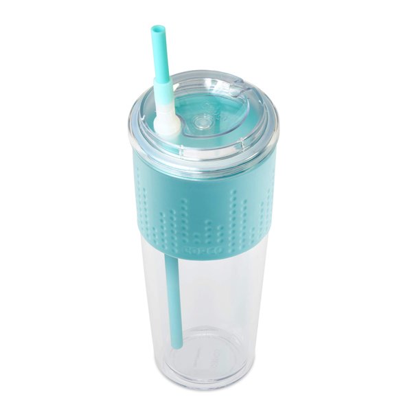 Copco Lock-n-Roll Double Wall Tritian Spill-Proof Tumbler with Soft Grip Sleeve and Patented Flip Up Straw, 20-Ounce, Teal