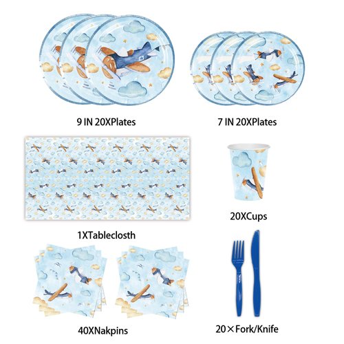 141Pcs Airplane Themed Birthday Party Supplies Include Disposable Paper Plates-Paper Cups-Paper Napkins-Forks-Knives-Tablecloth for Airplane Party Decorations Serves 20 Guests