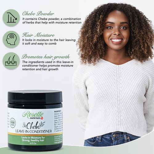Roselle Naturals Chebe Leave-In Conditioner, Moisturizing, Hair Growth and Repair Made with Chebe Powder, Chebe Oil and Rosemary Essential Oil (4 Ounce (Pack of 1))