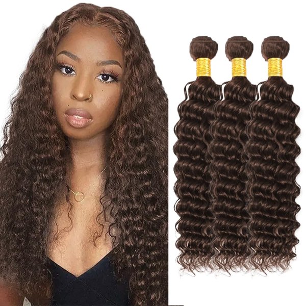 Chocolate Brown Bundles Human Hair #4 Deep Wave Bundles 14 16 18 inch 3 Bundles Dark Brown Human Hair Bundles Brown Wet and Wavy Bundles for Women