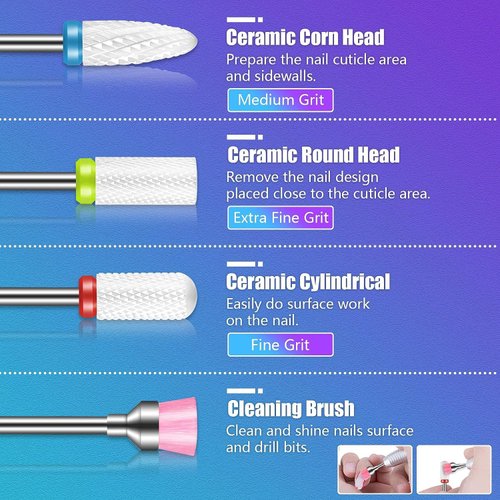 13Pcs Nail Drill Bits+100Pcs 10 Colors Sanding Bands+1Pc Mandrel Bit, 3/32 inch Cremaic Damiand Nail Bits Set, Professional Drill Bits for Acrylic Gel Nails, Manicure Pedicure