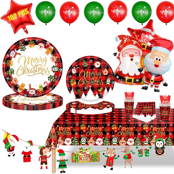 162 Pcs Christmas Party Decoration and Tableware Set Cute Santa Theme Holiday Party Supplies Christmas Tablecloth Plates Napkins Balloons Pack for Xmas Dinner Party Decoration, Serves 20 ﻿ ﻿