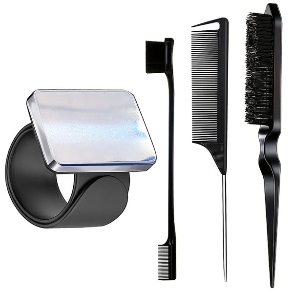 Magnetic Wristband for Hair Stylist, 4 Pieces Hair Braiding Tool with Edge ＆Teasing Brush, Rat Tail Comb, Braider Wristband for Black Hair, Daily Silicone Sewing Pincushion (Black)