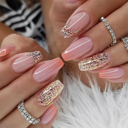 BAOYAALIN Orange Ombre Press on Nails Short Medium Coffin Fake Nails with Glitter Design Glue on Nails for Women Girls Acrylic Ballerina False Nails Stick on Nails Press on Nail for Wedding 24Pcs