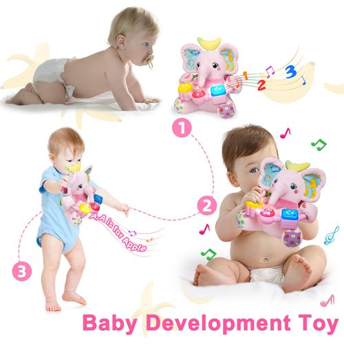 Holaxander Baby Elephant Musical Stuffed Animals Toy with Light-Up Music & Crinkle Sound Paper,Infant Bilingual Early Learning Education Toys,Tummy Time Toys for 0-3-6-12+ Months Boy Girl, Pink