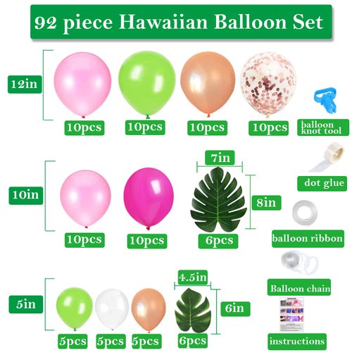 91pcs LEBERY Tropical Balloons Arch Garland Kit, Pink Green Gold Confetti Balloons with Tropical Palm Leaf for Tropical Aloha Hawaii Jungle Summer Beach Moana Theme Birthday Baby Shower Party Supplies