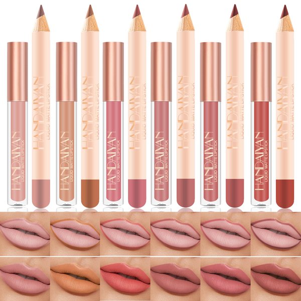 Aseawave Lip Liner and Lipstick Set, 12 Pcs Long Lasting Nude Lip Liner Pencils with Matte Lipgloss, Waterproof Liquid Lip Sticks Make up Gift Set for Black Mature Women