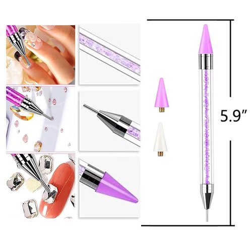 ZXUY Dual Ended Nail Rhinestones Picker Dotting Tools with 2 Extra Wax Head Nail Art Design Dotting Pen,DIY Nail Art Decoration Wax Tip Pencil for Gems Crystals Studs Beads (Purple)