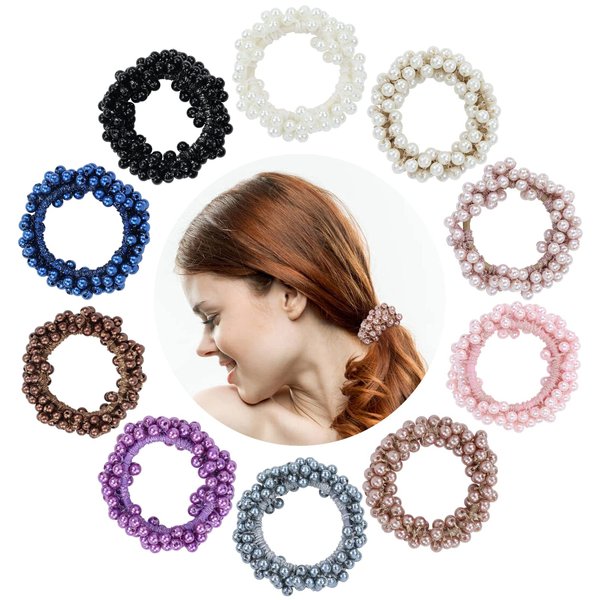 Dizila 10 Pack Stretchy Glitter Sparkly Pearl Hair Scrunchies Bands Beaded Hair Ties Elastics Ponytail Holders Fancy Hair Ropes Hairbands Accessories for Women Girls Multi-colored