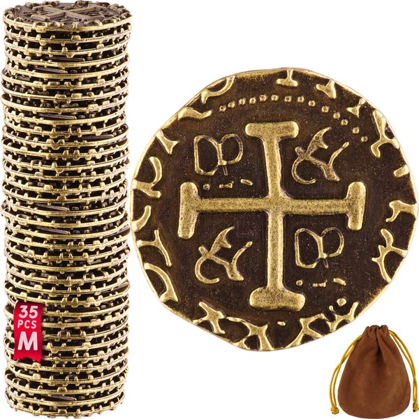 Metal Pirate Coins, 35 Medium Bronze Treasure Coin Set, Metal Replica Spanish Doubloons for Board Games, Tokens, Toys, Cosplay, Realistic Money Imitation, Pirate Treasure Chest, Diameter 7/8"