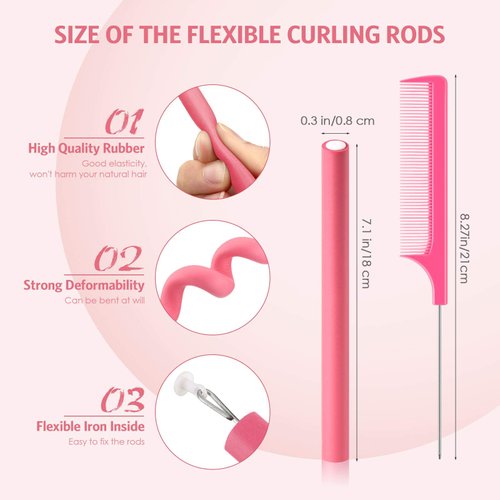 60 Pieces Flexi Rods Flexible Curling Rods Hair Curlers Rollers Twist Flexi Rods Hair Curlers Set No Heat Hair Rods Rollers Flexible Rods for Long Short Hair Women Girls (Pink, 0.3 x 7 Inch)