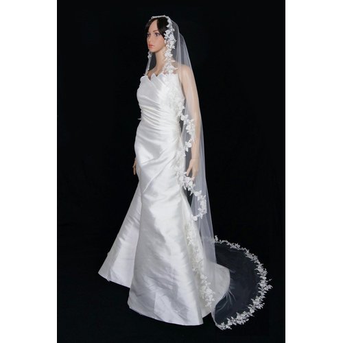 Bridal Wedding Mantilla Veil Ivory 1 Tier Long Cathedral LengthWith Lace Edge