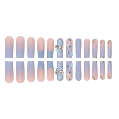 Foccna Butterfly Blue Fake Nails Square French Press on Nails Long Bling Glossy Rhinestone False Nail Tips Artificial Nails Finger Manicure for Women and Girls,24pcs