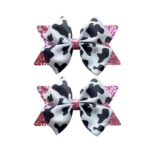2PCS Cow Print Hair Bow Clips for Girls,Cute Moo Cow Hair Barrettes Hand-made Grosgrain Ribbon Hair Bows Pink Cow Bow Alligator Clips Hair Accessories for Toddlers Baby Little Girls Kids Teens