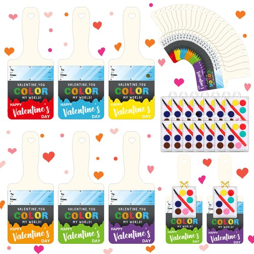 Noveread 24 Pack Valentines Day Gifts Include 24 Pcs Valentines Cards with 24 Pcs Watercolor Paint Bulk 24 Pcs Valentines Gold Foil Rope Mini Watercolor Paint Set for Party Classroom (Fresh Style)