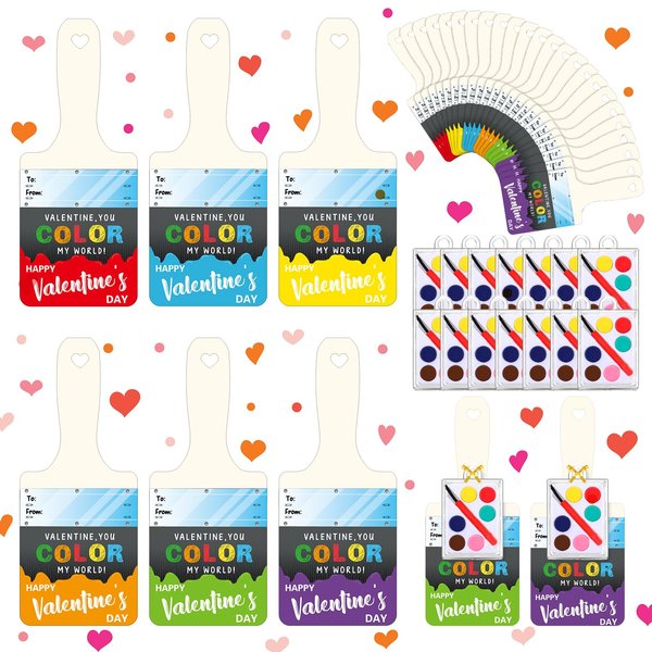 Noveread 24 Pack Valentines Day Gifts Include 24 Pcs Valentines Cards with 24 Pcs Watercolor Paint Bulk 24 Pcs Valentines Gold Foil Rope Mini Watercolor Paint Set for Party Classroom (Fresh Style)
