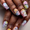 Halloween Press on Nails Medium Coffin Fake Nails Colorful Gradient Acrylic False Nails with Skull Design Full Cover Matte Glue on Nails Cute Reusable Artificial Nails for Women Girls 24PCS
