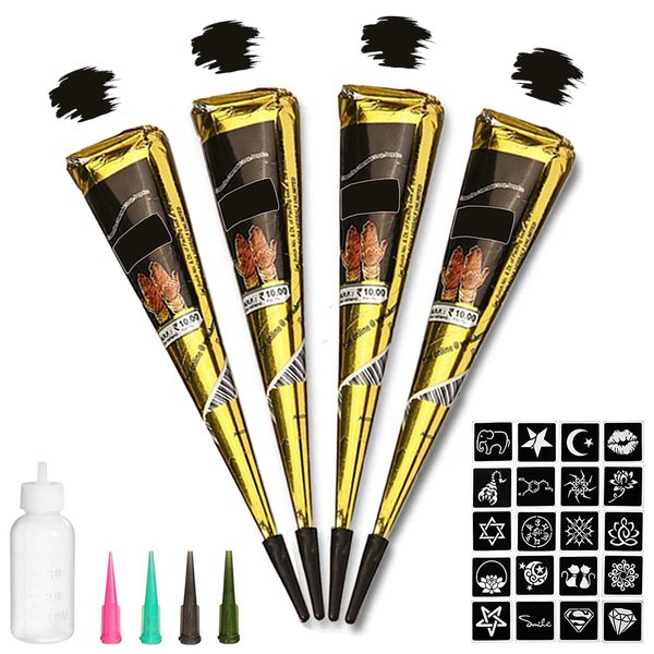 Tizoerly Black Tattoo Cones, 4Pcs Black Temporary Tattoo Kit, 100% Natural Ready to Use Black Tattoo Paste, India Body DIY Art Painting for Women Men Kids with 20 Adhesive Stencils, 1 Bottle, 4Nozzles