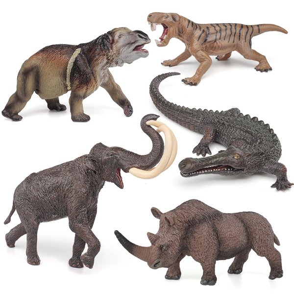 Fantarea Prehistoric Ancient Animal Model Figures Playset 5 PCS Mammoth Woolly Rhino Crocodile Figurines Party Favors Supplies Cake Toppers Decoration Collection Toys for Boys Girls Kid Toddlers