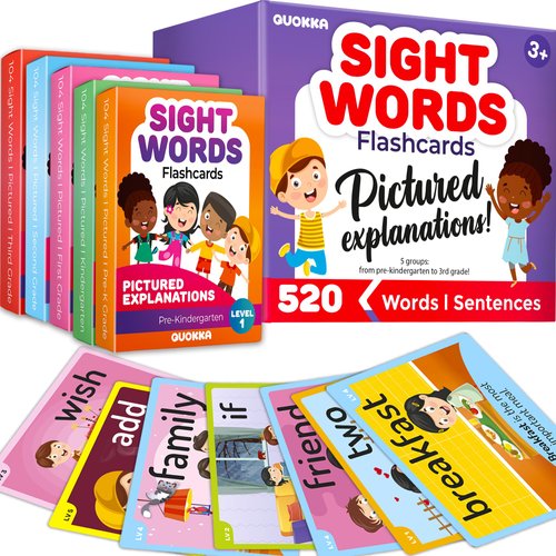 QUOKKA 520 Sight Words Flash Cards with Images & Sentences - Based on Dolch Sight Words Lists for Reading Fluency I Kindergarten Flash Cards for Pre-K to 3rd Grade I Color-Coded Vocabulary Cards