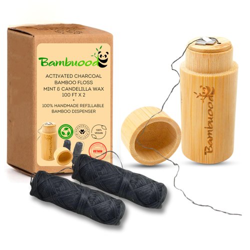 Vegan Biodegradable Activated Charcoal Bamboo Dental Floss. Candelilla Wax & Peppermint. Handmade Refillable Organic Bamboo Dispenser,. Zero Waste Oral Care (Dispenser +2 Refills)
