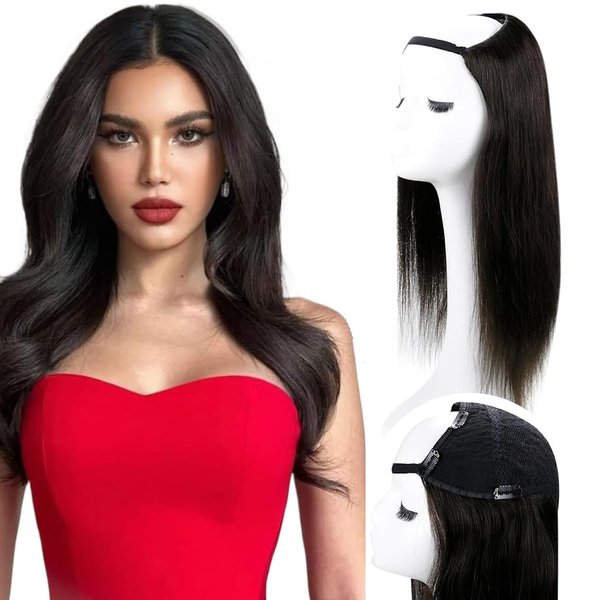 RUNATURE Straight U Part Wig Human Hair Black Remy Half Wig U Part Black Wig 18 Inch 150% Density U Part Human Hair Wig for Black Women Glueless Middle Cap U Wig Remy Hair
