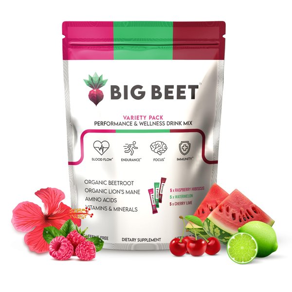 Big Beet Performance & Wellness Drink Mix | 3 Flavor Variety Pack | Organic Superfoods | Organic Nootropics | Zero Added Sugar | 15 ct.