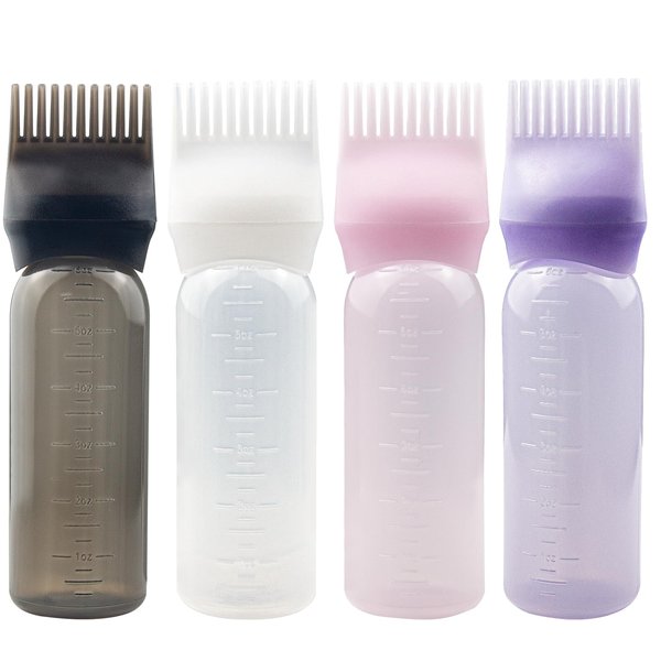ZGQHZR 4 PCS Root Comb Applicator Bottles, Hair Oiling Applicator Bottles for Hair Dye, Shampoos, Hair Salons. 6oz (Black, White, Pink, Purple)