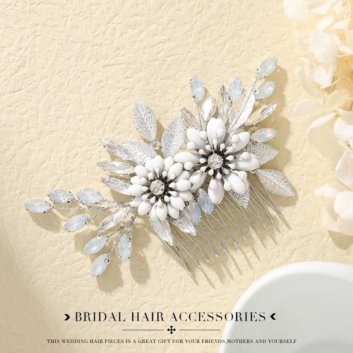 Latious Bride Wedding Flower Hair Comb Silver Floral Bridal Hair Pieces Rhinestones Hair Clip Vintage Leaf Hair Accessories for Women and Girls