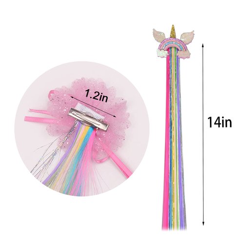6 Set Hair Extensions Clip - Colored Straight Hair Extensions Clips, Cute Unicorn Accessories Hair Extensions for Kids Ponytails Girls, Rainbow Thick Wig Clip in Fake Bangs (Straight Hair 01)