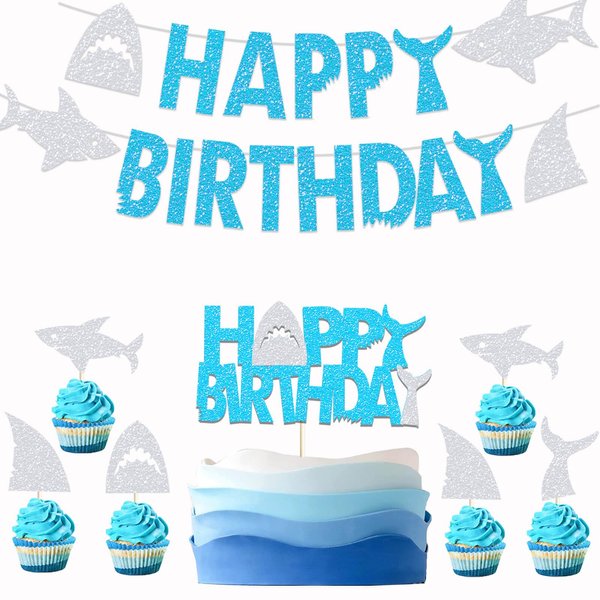 Shark Birthday Party Decorations Silver Glitter Shark Happy Birthday Banner Cake Cupcake Toppers for Under The Sea/Little Shark/Ocean Animals Shark Theme Birthday Party Supplies