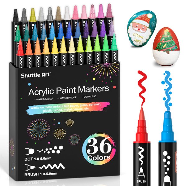 Shuttle Art 36 Colors Dual Tip Acrylic Paint Markers, Brush Tip and Dot Tip Acrylic Paint Pens for Rock Painting, Ceramic, Wood, Canvas, Plastic, Glass, Stone, Calligraphy, Card Making, DIY Crafts