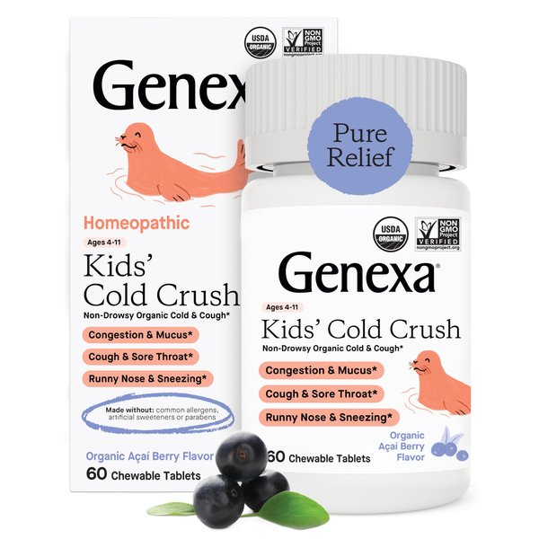 Genexa Kids' Cold Crush | Multi-Symptom Cough & Cold Relief for Children | Delicious Organic Acai Berry Flavor | Certified Organic & Non-GMO | Homeopathic Remedy Made Clean | 60 Chewable Tablets