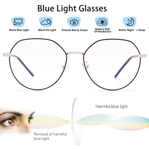 Colossein Round Blue Light Blocking Computer Glasses with Metal Frame for Men Women, UV400 Protection Anti Glare Anti Fatigue Reduce Eye Strain - Black