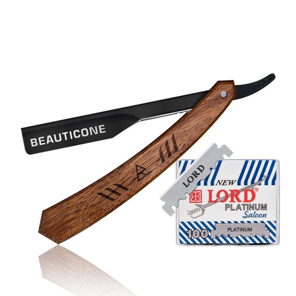 BEAUTICONE Straight Razor | Professional Barber Rose Wooden Razor with Black blade holder for men with 100 Single Edge Blades │slide-out design
