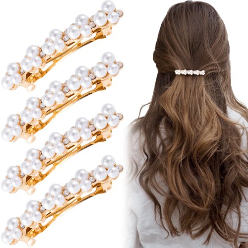 Isslly 4PCS Pearl Hair Clips, White Pearls Rhinestones Hair Barrettes, Gold Plated Sanp Clips, Elegant Pearl Hair Pins for Women, Girls, Brides, Suitable for Wedding, Daily Use