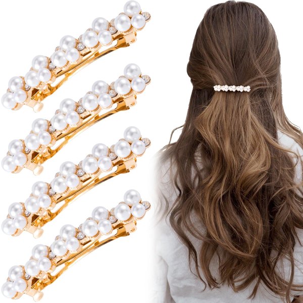 Isslly 4PCS Pearl Hair Clips, White Pearls Rhinestones Hair Barrettes, Gold Plated Sanp Clips, Elegant Pearl Hair Pins for Women, Girls, Brides, Suitable for Wedding, Daily Use
