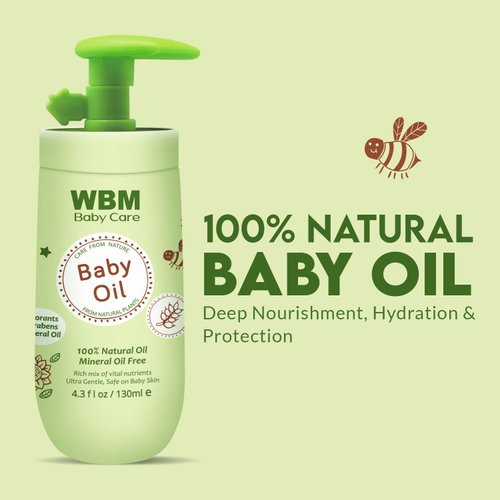 WBM Care Baby Oil, Moisturizing Baby Massage Oil, Mineral Oil Free With 100% Natural Ingredients And Vitamin E - 4.3 fl oz