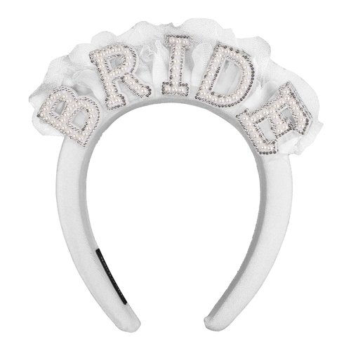 PEUTIER Pearl Bride Headband, White Bride To Be Headpiece Veil Pearl Rhinestones Bachelorette Party Hair Accessories Wide Bridal Hair Band for Wedding Party Decorations Bridal Shower Gift