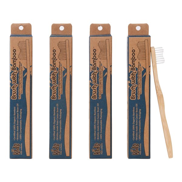 Brush with Bamboo Toothbrush with Plant-Based Bristles, Organic Bamboo, BPA-Free, Eco-Friendly, 100% Biobased, Soft Bristles, Zero Waste, Dental Care Product - 4 Pack