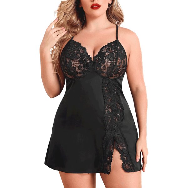 Avidlove Black Lingerie Sexy Plus Size Lingerie For Women Lace Babydoll Satin Nightgown Sleepwear