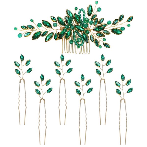 Dizila 7 Pieces Emerald Green Crystal Bead Party Prom Wedding Bridal Vine Leaf Hair Side Combs + Rhinestone U-shaped Hair Pins Headpieces for Brides Bridesmaids Women Girls