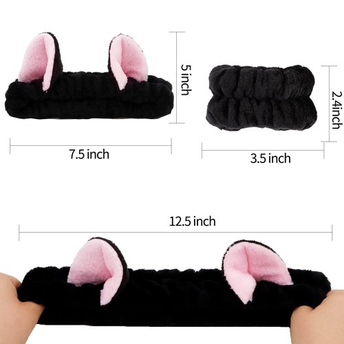 WHAVEL 3PCS Spa Headband and Wristband Set, Cute Cat Ears Headband for Washing Face Makeup Headband Face Wash Headband Wrist Bands(Black)