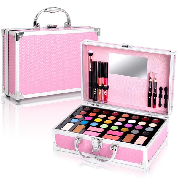 YBUETE Beginner Makeup Kit for Teen,Makeup Gift Set for Girl Women,Beginner Makeup Kit with Cosmetic Train Case Included 32 Colors Eyeshadow Blusher Contour Lip Gloss Lip Liner Mascara Eyeliner Mirror