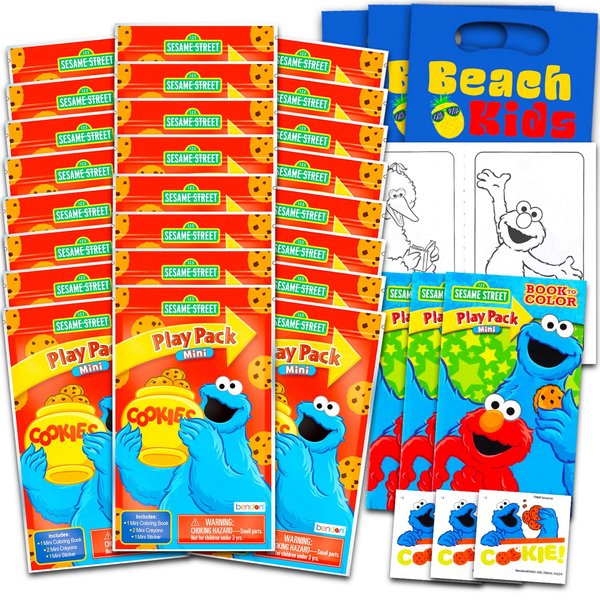 Cookie Monster Mini Party Favors Set for Kids Toddlers - Bundle with 24 Sesame Street Cookie Monster Play Packs with Coloring Pages, Stickers, More (Cookie Monster Birthday Party Supplies)