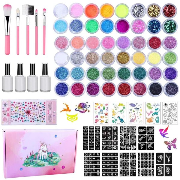 Pakfung 48 Color Glitter Tattoos Kit Kids, Temporary Glitter Tattoos with 209 Stencils, 5 Sheets Glow Temporary Tattoos Stickers, Glitter Art Makeup Kit, Festival Birthday Party Gifts for Girls & Boys