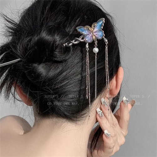 2 Pcs Metal Hairpin Hair Chopsticks Flower Hair Stick Butterfly Handmade Classic Hair Pins for Women Girls 062#02