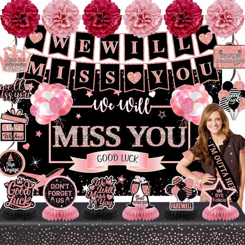Farewell Party Decorations Supplies Kit,Rose Gold We Will Miss You Decorations Include We Will Miss You Banner Backdrop Table Toppers Paper Pompoms Going Away Party Hanging Swirls Decorations