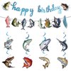 Huyfoig Gone Fishing Happy Birthday Decorations Banner Hanging Banner Swirls for Fish Lovers Assorted Fish Cutouts Fishing Party Supplies